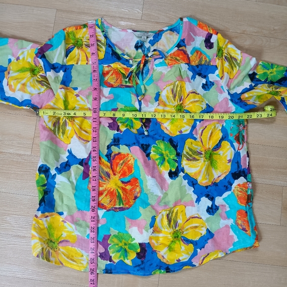 Hester & Orchard Sz L Linen Blend Artsy Rainbow Colorful Floral Blouse Top - Picture 5 of 5
